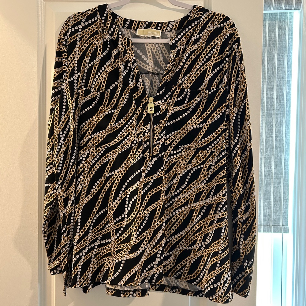 Michael Kors Black and Gold Chain Print Blouse/Tunic. 1X